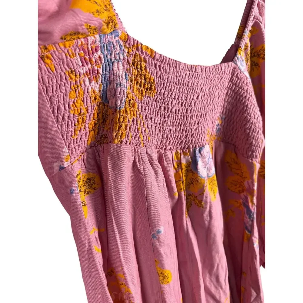 Free People Francesca Floral Puff Long Sleeves Mini Dress‎ Rose Pink Size Large